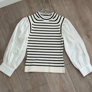 10 Crosby Derek Lam Striped Knit-Puff Sleeve Top in White & Black XS